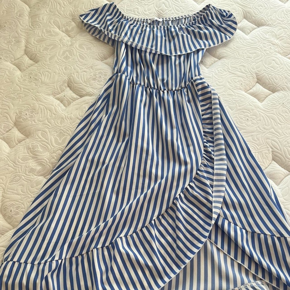 Blue and white off the shoulder dress